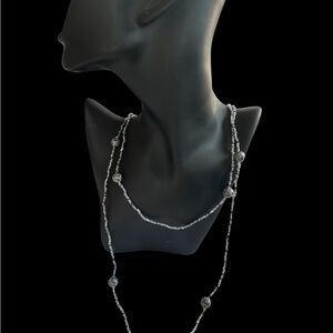 Long Multi-Strand Grey & Black Seed Bead Necklace with Snakeskin Print Accents